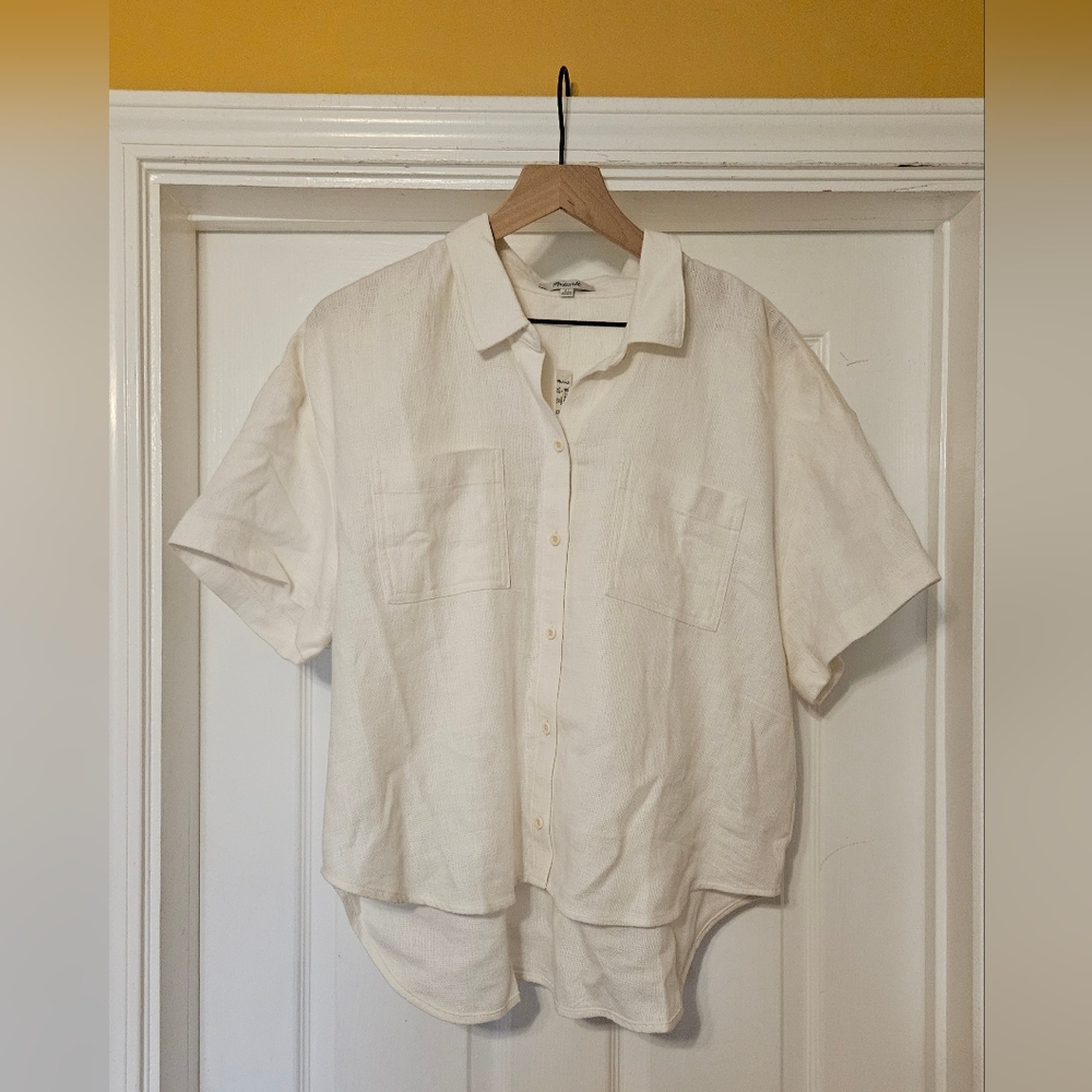 Madewell white linen blend short sleeved button down camp shirt in XL